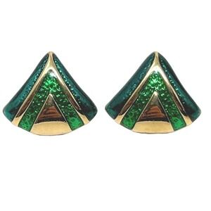 Vintage Pierced Earrings Gold Tone Green Enamel‎ Triangle Stud